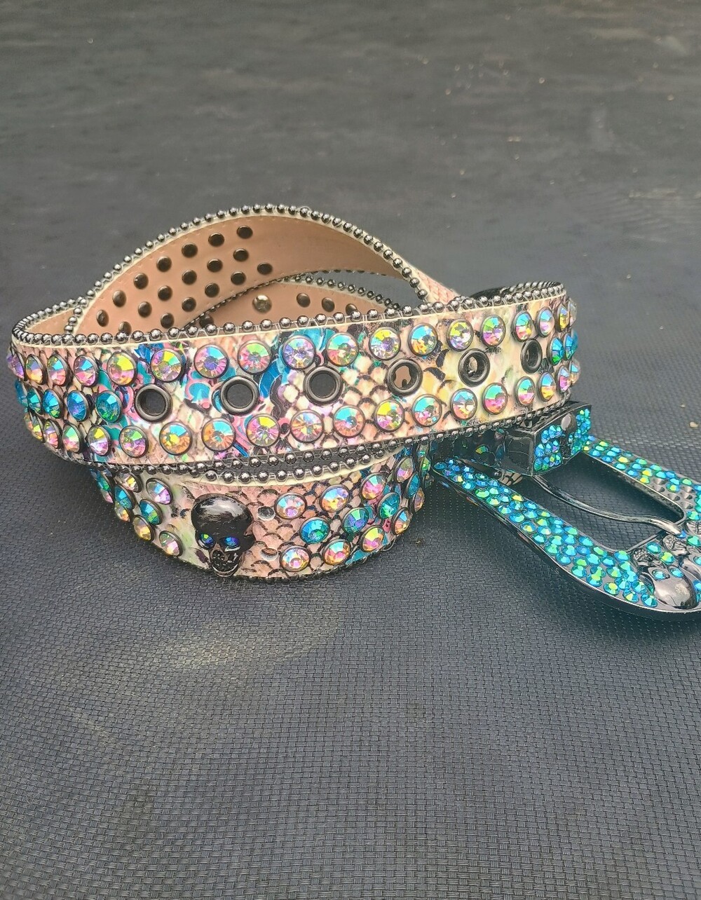 Iridescent Blue Crystal Women’s Fashion Belt with Jeweled Buckle